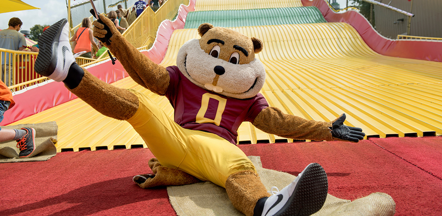 Goldy Gopher at the giant slide at the Minnesota State Fair