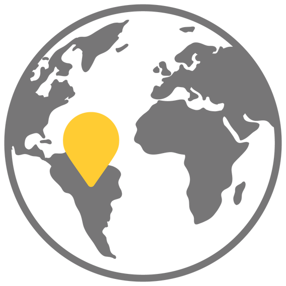 globe drawing with continents in gray and yellow marker in region of South America