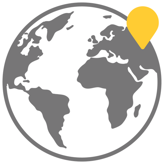 globe drawing with continents in gray and yellow marker in region of Asia